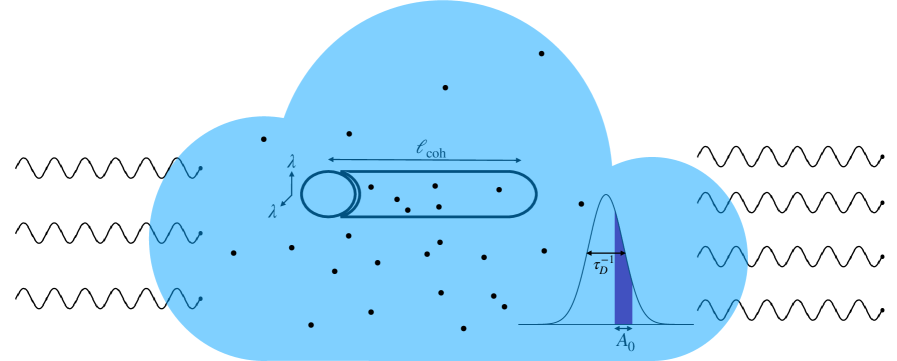 Schematic of many-body radiative transfer: photons interacting with a cloud of molecules over a coherence length